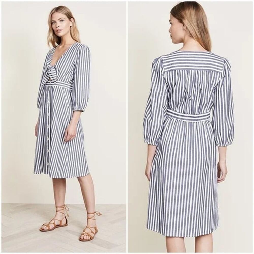 Madewell Dress Cutout Midi Shimmer Stripe Blue Boho Button Front Tie 6 Cottage